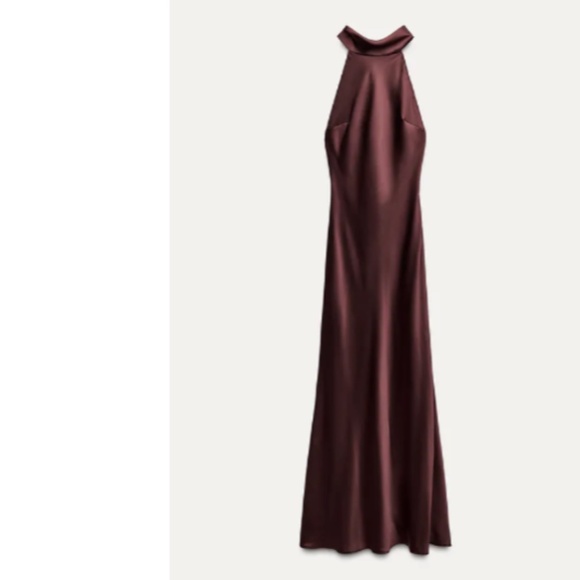 ZARA WOMAN NWT FW24 WINE SATIN EFFECT HALTER NECK LONG DRESS - Picture 5 of 10